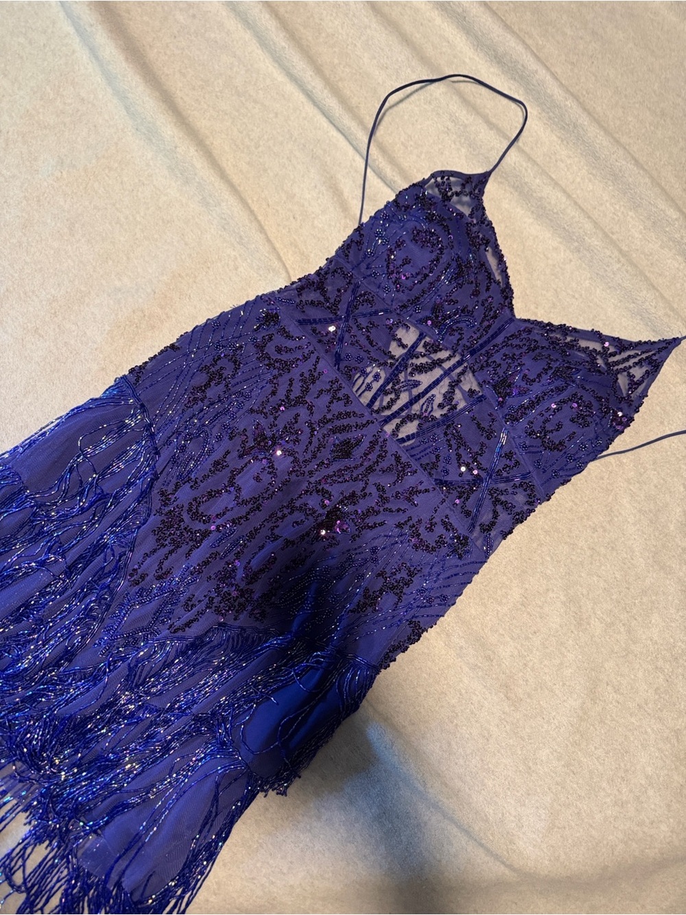 Alyse Elegant Beaded Spaghetti-Strap Evening Dress in Deep Blue/Purple